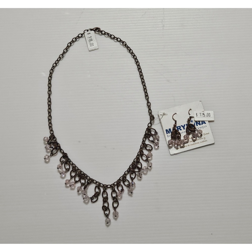 Mary Luna by Lourdes Trejo Pink Crystal Bib Necklace and Earring Set Copper Tone